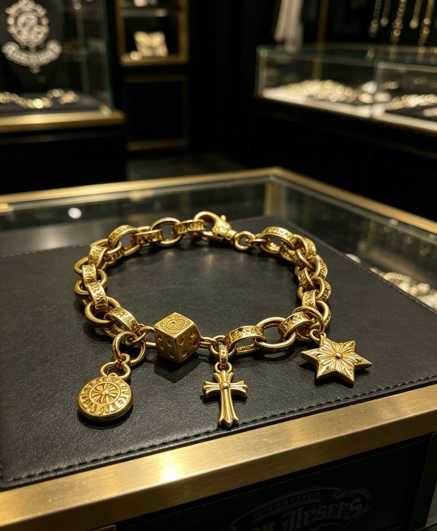 Chrome Hearts Gold Tone Charm Bracelet with Cross, Star, and Coin Charms